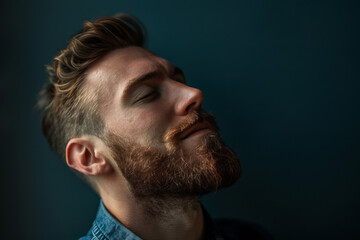 Obraz premium A close up of a man with beard and closed eyes looking to a side