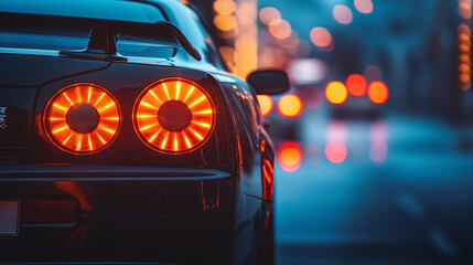 Rear view of a sleek black car with illuminated round taillights at dusk, capturing the essence of modern automotive design and nightlife ambiance.