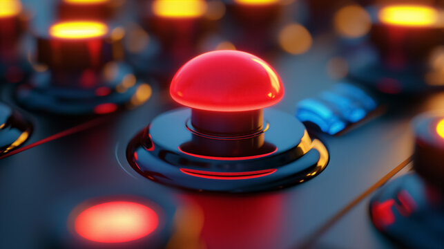 Close-up of a red button surrounded by glowing lights on a control panel, illustrating a high-tech and interactive environment, ready for operation