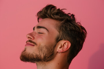 A close up of a man with beard and closed eyes looking to a side