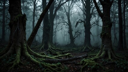 Fototapeta premium In the heart of the dark forest, an ancient curse stirs beneath the tangled roots ai_generated