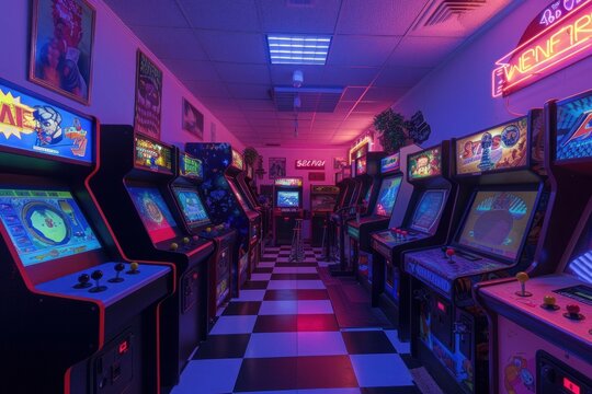Vibrant arcade room filled with classic video game cabinets under neon lights