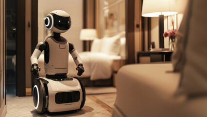 Small robot standing beside a suitcase in a modern, sunlit room, symbolizing futuristic travel and technology.

