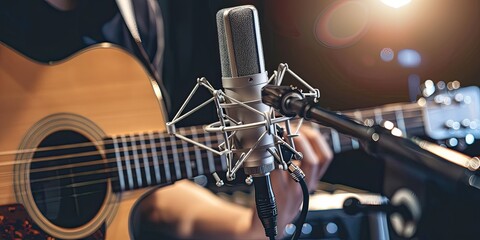 Fototapeta premium a image of a person playing a guitar in front of a microphone
