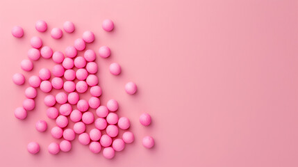 Cluster of pink spheres scattered across a pink background, creating a minimalist and modern design with a playful and vibrant aesthetic.