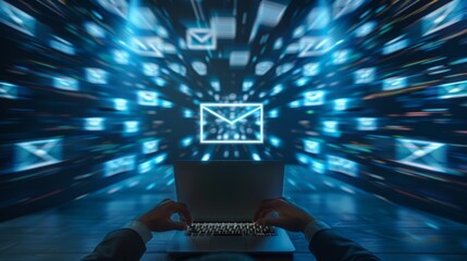 A vibrant digital mail concept with colorful envelopes surrounding a computer screen in a modern, artistic workspace.