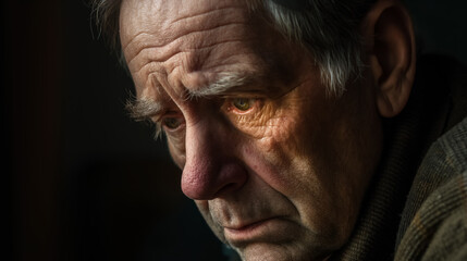 Obraz premium Elderly man with a solemn expression, highlighted by soft, natural light, conveying a sense of contemplation and deep thought.
