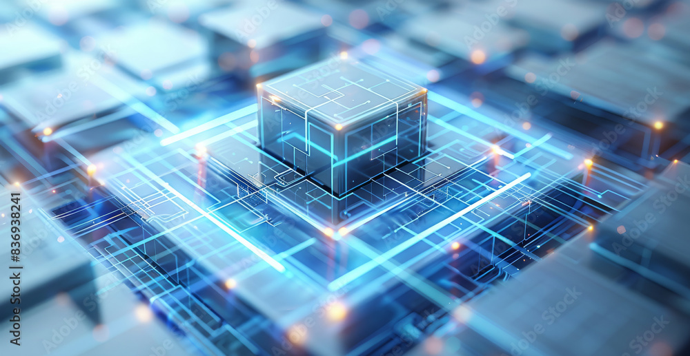 Poster signal source connection, some wires connected to the middle square, 3d image of a squared design wi