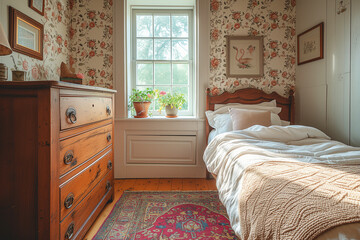 Old fashioned kid-teen young woman cheerful bedroom with old wooden dresser,floral wallpaper,soft bed cover and plushy pillows