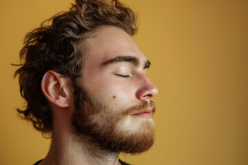 Fototapeta premium A close up of a man with beard and closed eyes looking to a side