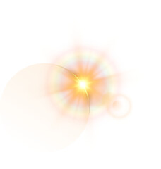 Yellow bright star and shimmering glare, transparent sunlight special lens flare light effect. Solar flare. Sun flash. Png.
