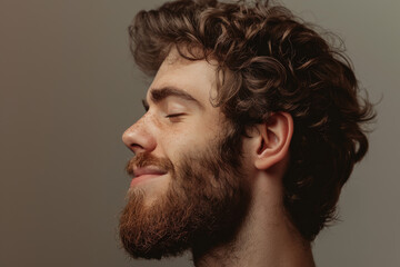 Fototapeta premium A close up of a man with beard and closed eyes looking to a side