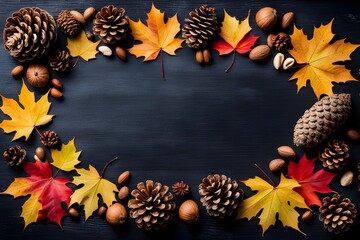 autumn leaves and acorns on wooden background