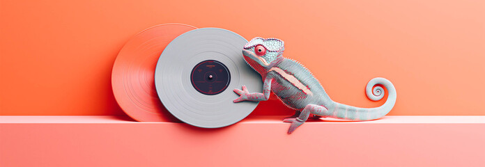 A  chameleon and LP record on a bright background, minimal concept