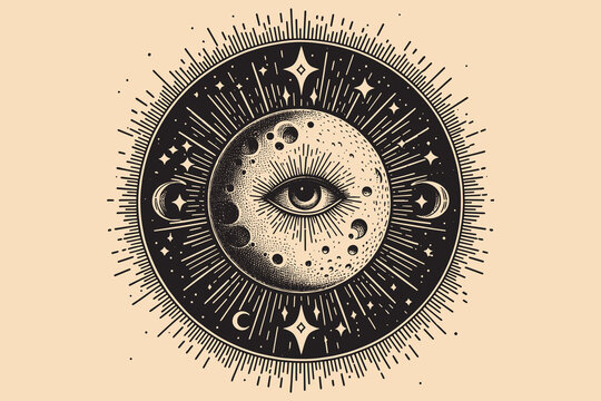 Planet with an eye. All-seeing eye. Isoteric, occult, magical vector illustration. vintage black engraving, emblem, logo. tattoo sketch, print