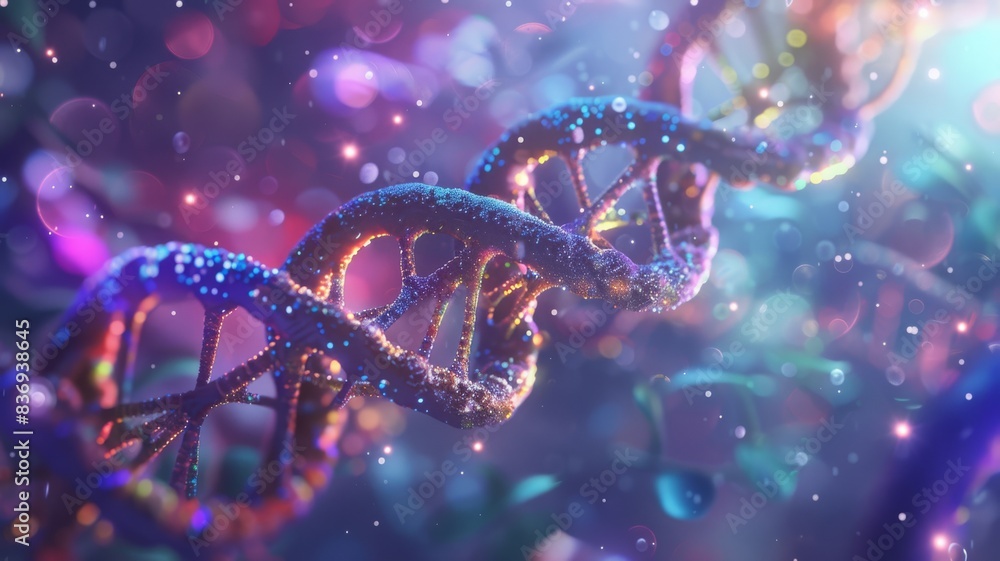 Poster close-up of a dna double helix with glowing particles, representing the dynamic nature of genetic re