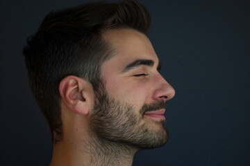 Fototapeta premium A close up of a man with beard and closed eyes looking to a side