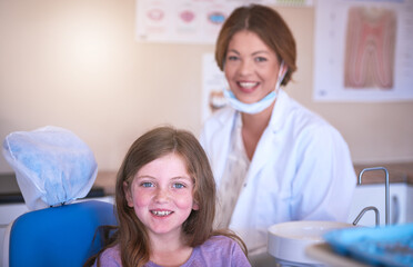 Dentist, kid and portrait with doctor for dental health or cavity treatment for oral hygiene or...