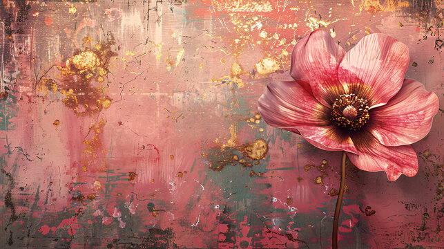 Creative pink and gold abstract flower design on a textured background, ideal for art prints