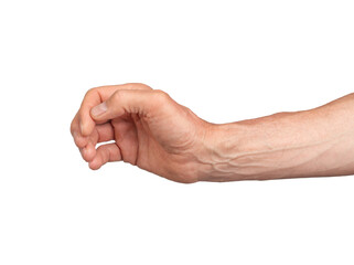 Hand gesture take grab hold space empty something isolated. Cover person adult arm white human skin body finger. Men male fist background sign wrist caucasian symbol palm, transparent png