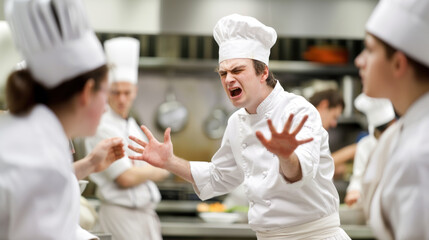 Angry chef yelling at his colleagues. Heavy stress, work against the clock