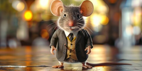 Cute Mouse in Business Suit Standing on Table
