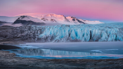 Fototapeta premium The glacial landscape of Vatnaiekull at dawn, soft pinkish shades illuminating the ice ridges, frosty fog above them.