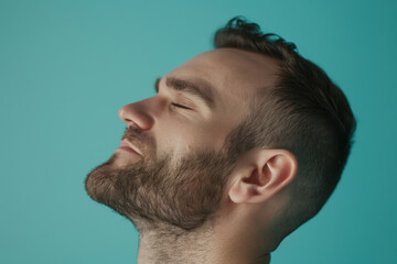 Obraz premium A close up of a man with beard and closed eyes looking to a side