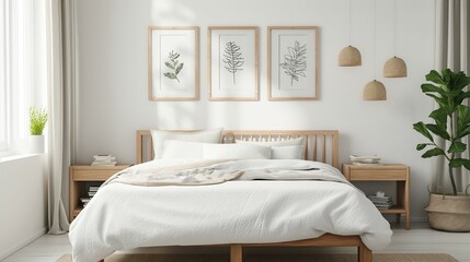 Multi frame mockup, home room bedroom interior with bed, framed wall poster