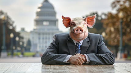 Politician with pig head, cityscape in background
