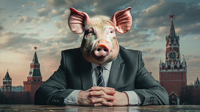 Corrupt politician, lobbyist, bureaucrat with pig head, cityscape in background