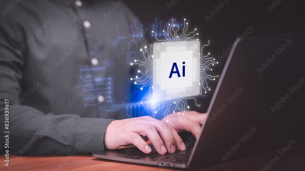 Poster User use a laptop computer for communication by interact effortlessly with an AI chat application, leveraging AI technology to facilitate smooth global internet-connected chatbot conversations.