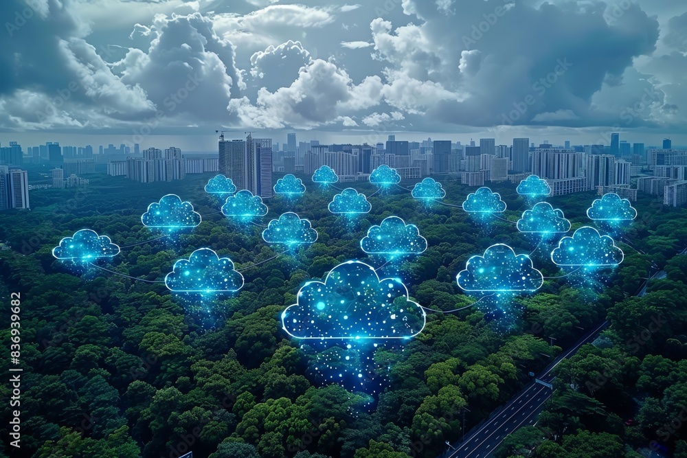 Poster cloud technology concept: digital cloud icons hovering over a cityscape and forest, symbolizing data