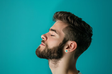 Fototapeta premium A close up of a man with beard and closed eyes looking to a side