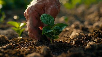 A close-up of a hand planting a young tree sapling in rich soil, symbolizing reforestation and the importance of caring for the planet.