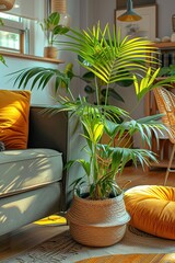 Cozy living room with a comfortable sofa and decorative plants.