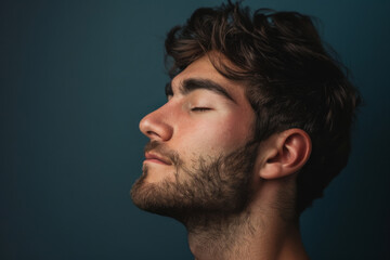 Obraz premium A close up of a man with beard and closed eyes looking to a side