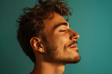 Fototapeta premium A close up of a man with beard and closed eyes looking to a side