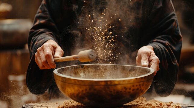 A close-up of a musician playing a singing bowl, with the vibrations creating a harmonious pattern in sand, symbolizing the balance of sound and silence.