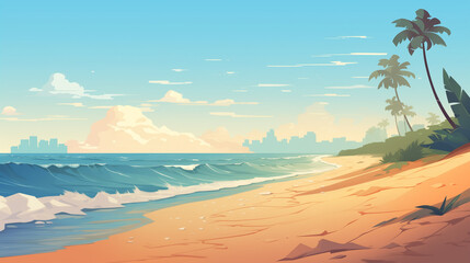 "Sun-Kissed Shore: A Beach Illustration in Flat Design"