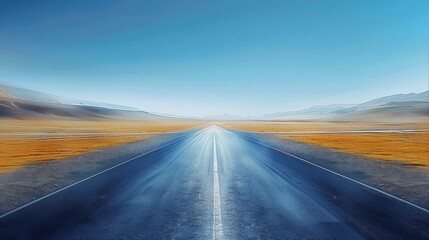 Naklejka premium A straight road, Empty and clean, The background is clear blue sky, The floor is an asphalt road. Generative AI.