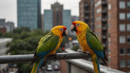 Obraz premium A day in the life of a mischievous parrot living in a bustling city ai_generated