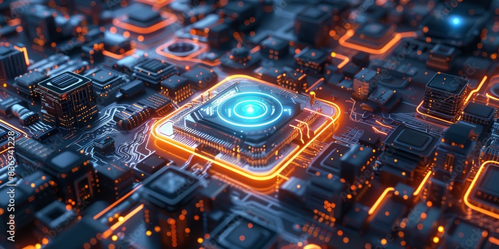 Poster Isometric view of a futuristic quantum computer chip with a glowing blue energy center, surrounded by high-tech buildings in the style of hyper realistic. Generative AI.