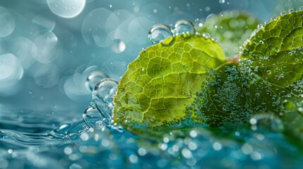 A close-up of bubbles forming on the surface of a plant leaf submerged in water, illustrating the release of oxygen during the photosynthesis process.