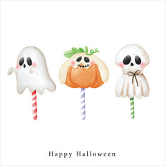 cute skull skeleton ghost with smiley pumpkin candy, illustration Halloween horror element clipart