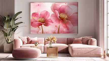 Decorative wall art with a pink and gold floral design on a natural canvas, perfect for a boho-chic style