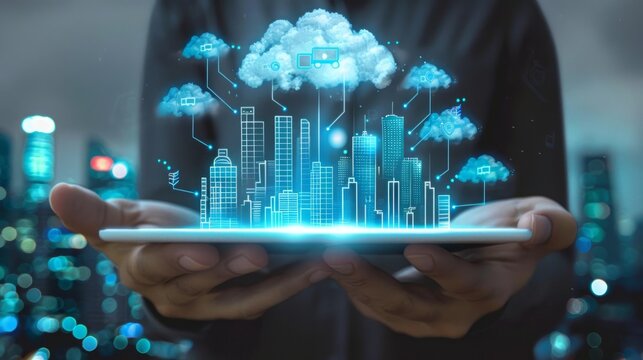 Hands holding a digital smart city model in the cloud, representing modern technology and data-driven infrastructure.