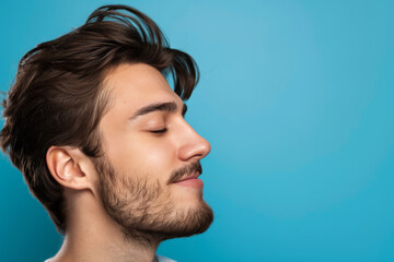 Fototapeta premium A close up of a man with beard and closed eyes looking to a side
