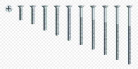 Set of steel bolts isolated on white background. Realistic 3d stainless steel bolts icon. Screw-nuts and bolts. Isometric vector illustration