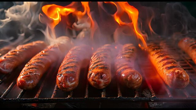 slow motion video of sausages on a barbecue with flames on charcoal Concept of summer weather and pork.